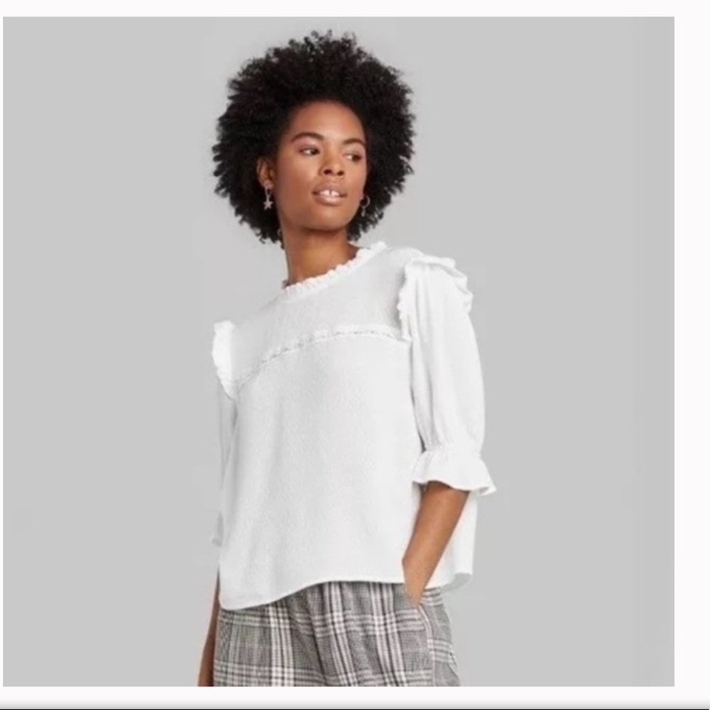 Wild Fable White Balloon Sleeve Ruffle Blouse Size XS